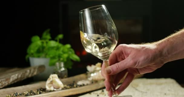 Frumos pahar italian de vin în atmosferă romantică într-o cabană cu șemineu — Videoclip de stoc