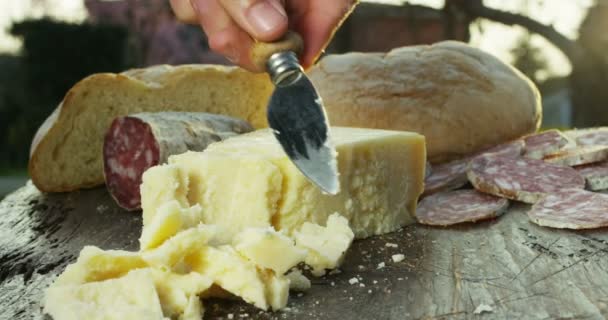 Super slow motion Mano de un joven agricultor y agitar controla el lemopn con una composición tradicional, y en el fondo el campo italiano en 4k — Vídeo de stock