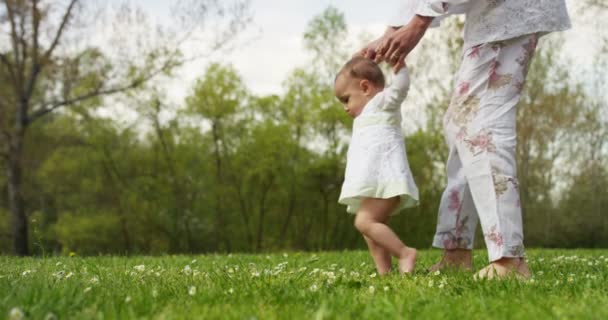 Madre ayuda al bebé en los primeros pasos — Vídeos de Stock