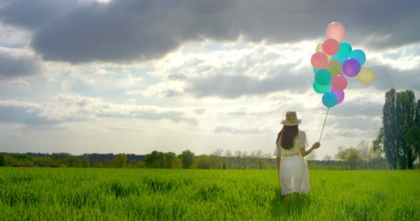 Kvinna med ballonger på ängen — Stockvideo