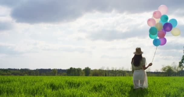 Frau mit Luftballons auf der Wiese — Stockvideo