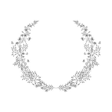 Elegant Hand-Drawn Floral Wreath Frame with Butterflies