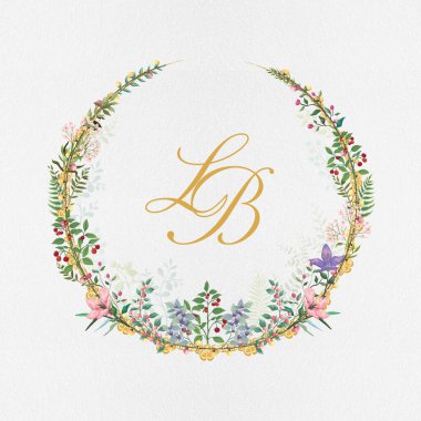 Renkli Beyaz Arkaplan Üzerine Çiçek Süslemeli LB Monogram Crest