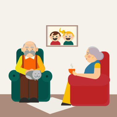 Büyükanne ve büyükbaba vektör illüstrasyon. Büyükbaba ve büyükanne oturma odasında. 