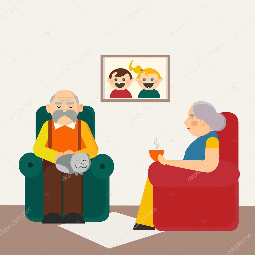 Grandparents vector illustration. Grandfather and grandmother in living room. 