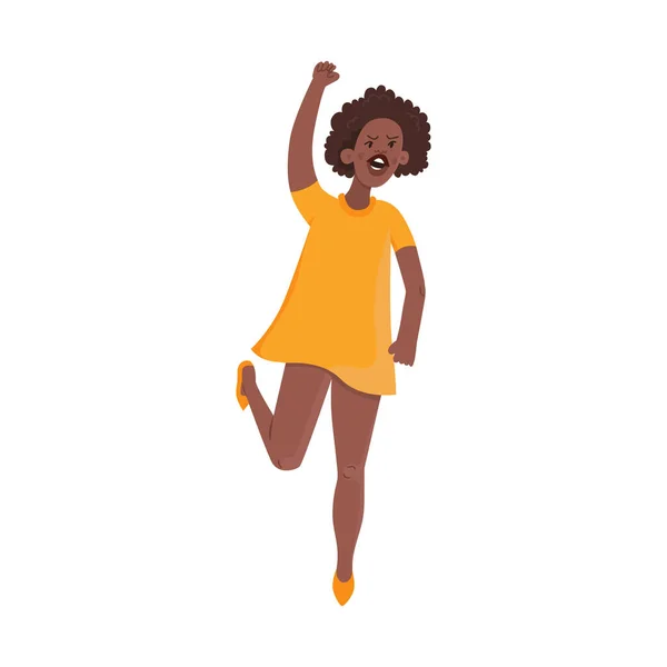 Afrykanka Żółtej Sukience Protestuje Ciemnoskóry Kobieta Postać Walczy Sprawiedliwość Odizolowany — Wektor stockowy
