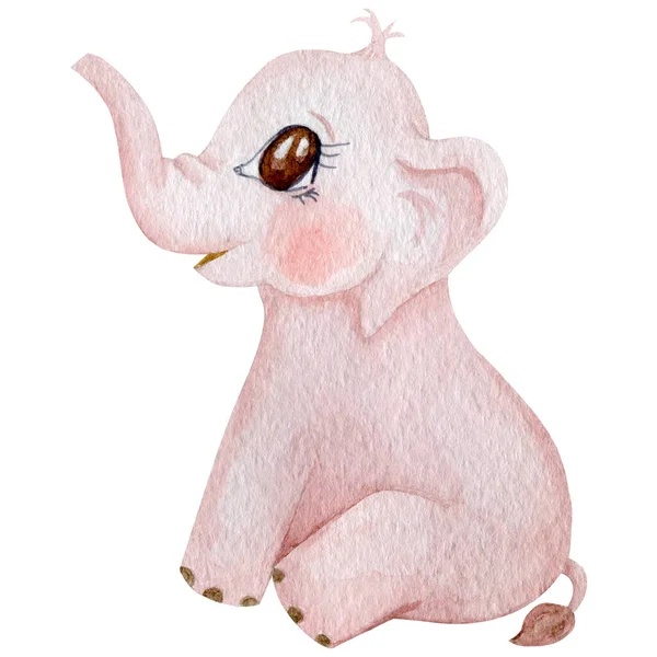 Cute baby elephant sitting watercolor illustration. Children illustration character. Hand painted pink elephant isolated on white background.