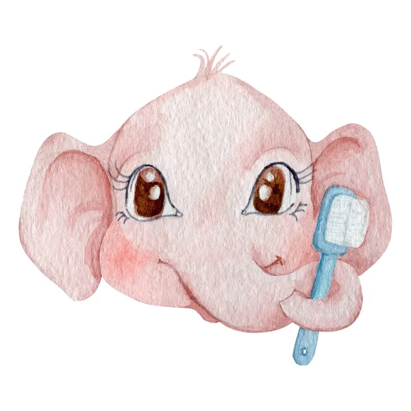 Cute Baby Elephant Head Watercolor Illustration Cartoon Elephant Holds Tooth — Stock Photo, Image