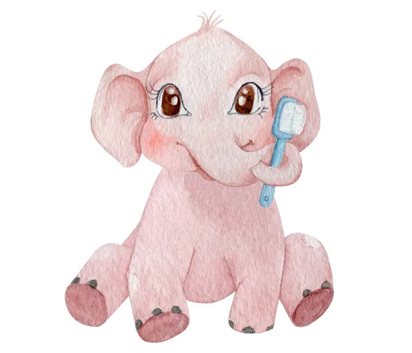 Cute Baby Elephant Toothbrush Watercolor Illustration Children Illustration Character Hand — Stock Photo, Image