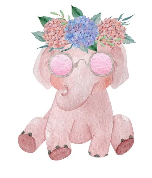 Cute Elephant Baby Girl Wearing Hydrangea Floral Wreath Watercolor Illustration — Stock Photo, Image