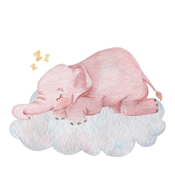 Cute Baby Elephant Sleeping Watercolor Illustration Children Illustration Character Nursery — Stock Photo, Image