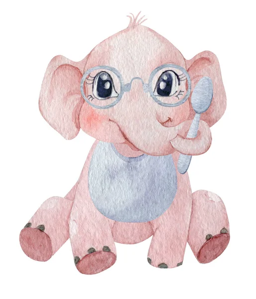 Cute Elephant Baby Boy Holding Spoon Trunk Watercolor Illustration Children — Stock Photo, Image