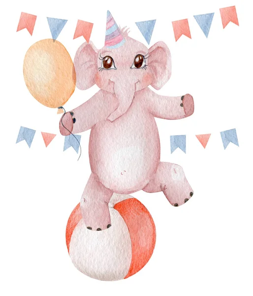 Cute Baby Elephant Balancing Ball Watercolor Illustration Children Party Invitation — Stock Photo, Image