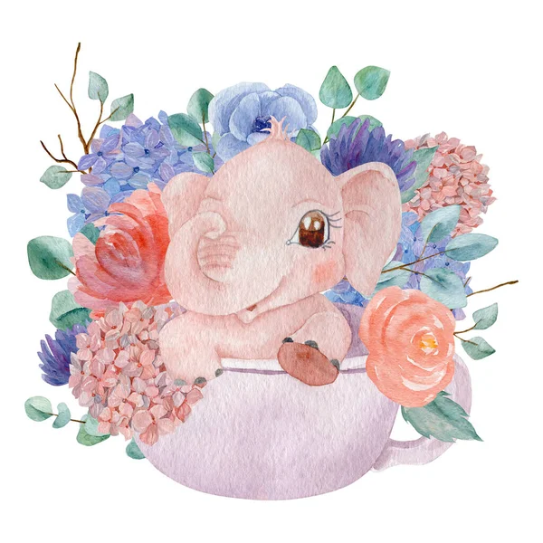 Cute Baby Elephant Sitting Cup Decorated Hydrangeas Watercolor Illustration Children — Stock Photo, Image