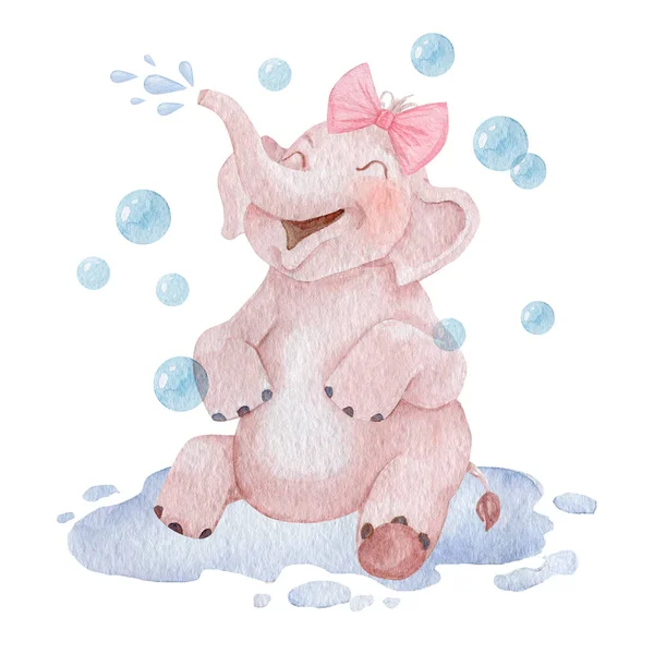 Baby Girl Elephant Taking Bath Watercolor Illustration Children Hygiene Illustration — Stock Photo, Image