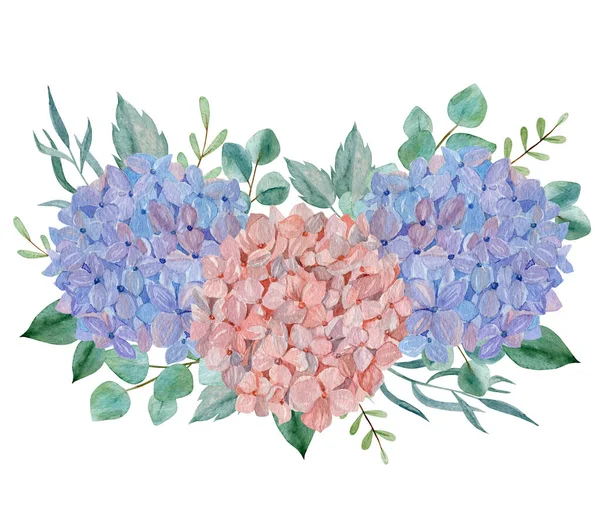 Hydrangea Eukaliptusa Kwiatowy Bukiet Akwarela Ilustracja Kwitną Niebieskie Różowe Kwiaty — Zdjęcie stockowe