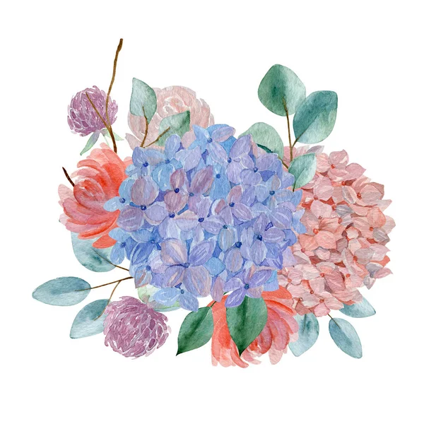 Hydrangea Eukaliptusa Kwiatowy Bukiet Akwarela Ilustracja Kwitną Niebieskie Różowe Kwiaty — Zdjęcie stockowe