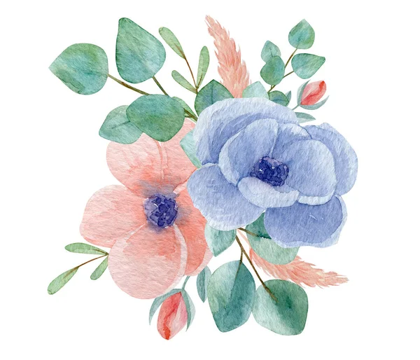 Anémie Květinové Kytice Akvarel Ilustrace Botanické Složení Akvarelu Izolované Bílém — Stock fotografie