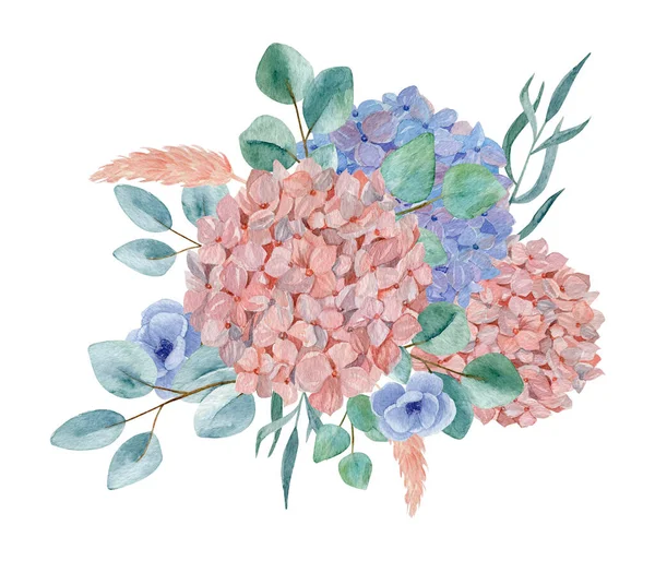 Hydrangea Kwiatowy Bukiet Akwarela Ilustracji Akwarela Botaniczna Kompozycja Izolowana Białym — Zdjęcie stockowe