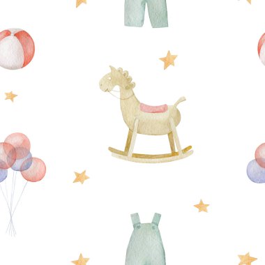 Çocuk oyuncakları suluboya kusursuz desenler. Çocuk odası için sonsuz arkaplan dekorasyonu.