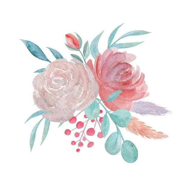 Róża Kwiatowy Bukiet Akwarela Ilustracja Akwarelowa Kompozycja Botaniczna Izolowana Białym — Zdjęcie stockowe
