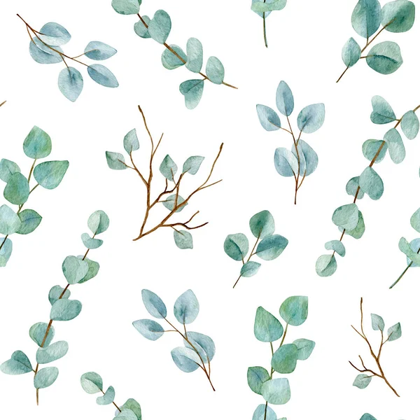 Eucalyptus Ömtåliga Grenar Akvarell Sömlös Mönster Eucalyptus Lämnar Oändlig Bakgrund — Stockfoto