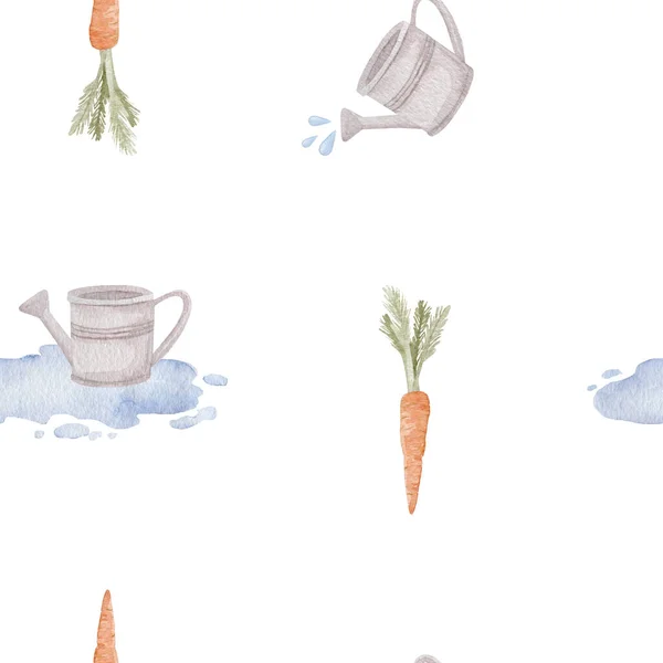 Carrot Watering Can Watercolor Seamless Pattern Gardening Theme Seamless Background — Stock Photo, Image