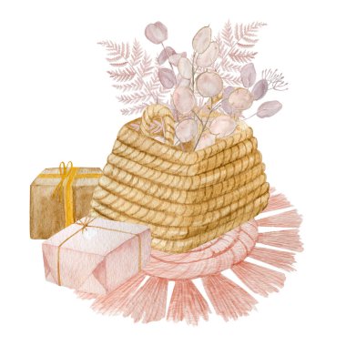 Eğreltiotu ve Ay suluboya resimli Noel sepeti. Boho Noel dekorasyonu beyaz arkaplanda izole edildi.