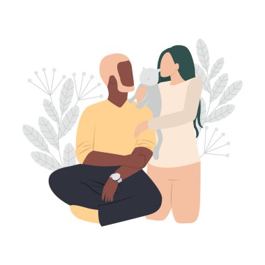 Beyaz arka planda kedisi olan kadın ve erkek. Sevimli bir çift. Aile portresi çizimi.