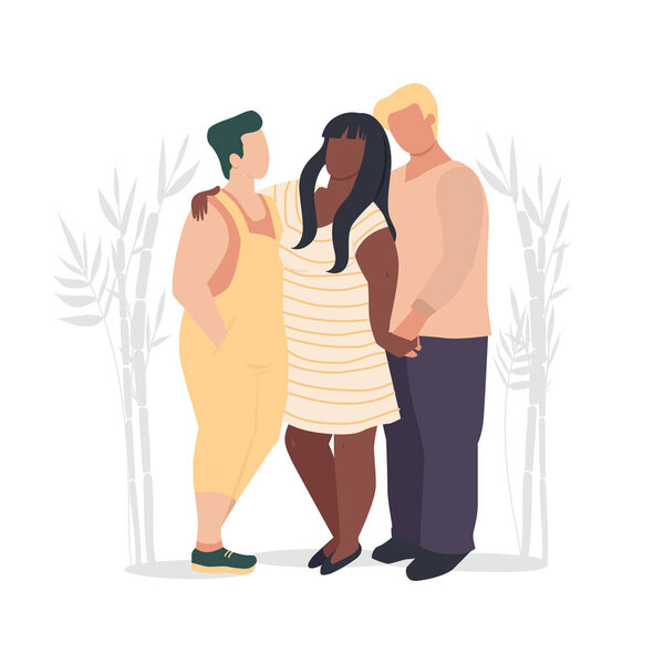 Three people in love vector illustration. Polyamory concept. Modern family portrait isolated on white background.