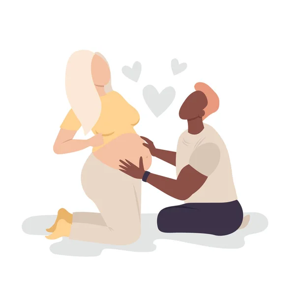Счастливые Будущие Родители Пара Векторных Иллюстраций Беременная Блондинка Темнокожий Мужчина — стоковый вектор