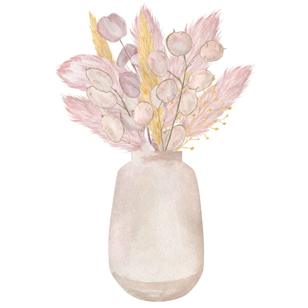 パンパス草水彩イラストと白い花瓶 白地に隔離された室内装飾花瓶 — ストック写真