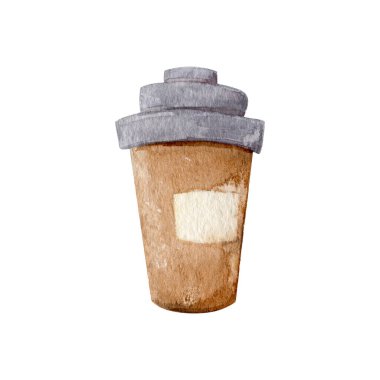 Kahve fincanı suluboya resimlerini çıkar. El boyaması taşınabilir sıcak içecek kabı beyaz arka planda izole edilmiş..