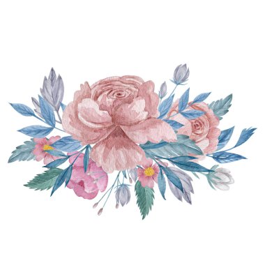 Pembe gül buketi suluboya çizimi. Yeşil yapraklı allık çiçekleri beyaz arkaplanda izole edilmiş.