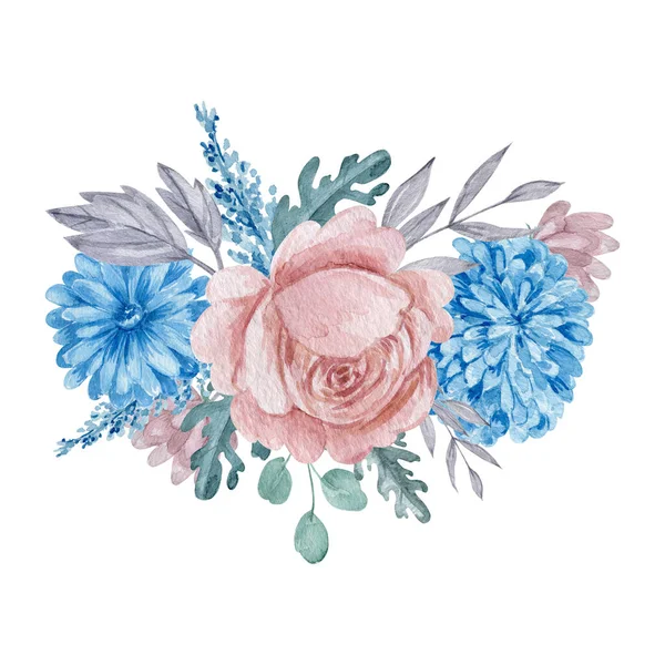 Różowy Róża Niebieski Chryzantema Bukiet Akwarela Ilustracja Czerwone Niebieskie Kwiaty — Zdjęcie stockowe