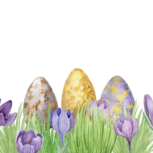 Ovos Com Flores Roxas Grama Ilustração Aquarela Ovos Páscoa Decorados — Fotografia de Stock