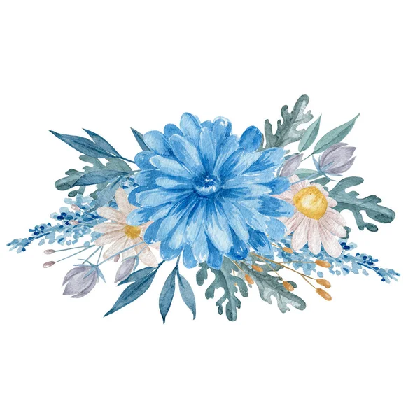 Crisântemo Azul Daisy Bouquet Ilustração Aquarela Flores Azuis Com Folhas — Fotografia de Stock