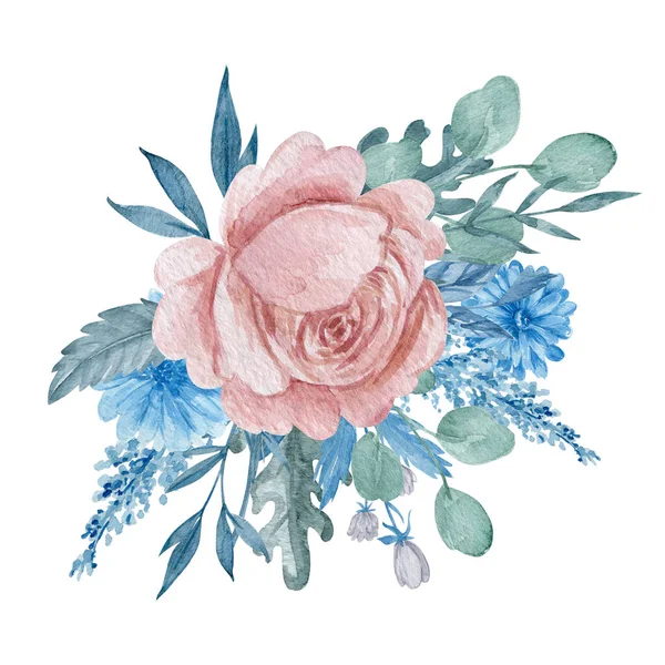 Rosa Rosa Azul Crisântemo Bouquet Aquarela Ilustração Blush Flores Azuis — Fotografia de Stock