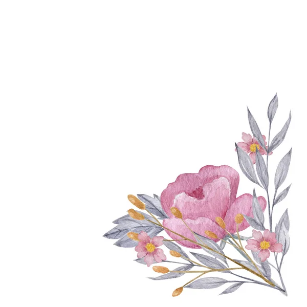 Różowe Kwiaty Bukiet Akwarela Ilustracja Rumień Kwiaty Szarymi Liśćmi Granica — Zdjęcie stockowe