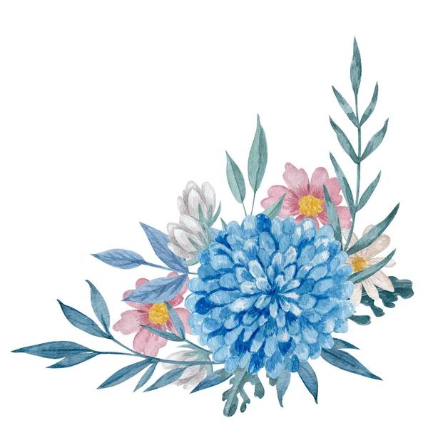 Crisântemo Azul Flores Silvestres Ilustração Aquarela Flores Azuis Com Folhas — Fotografia de Stock