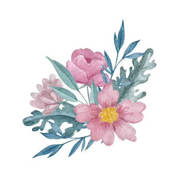 ピンクの花花束水彩イラスト 白地に緑色の葉縁が孤立した青花を咲かせます — ストック写真