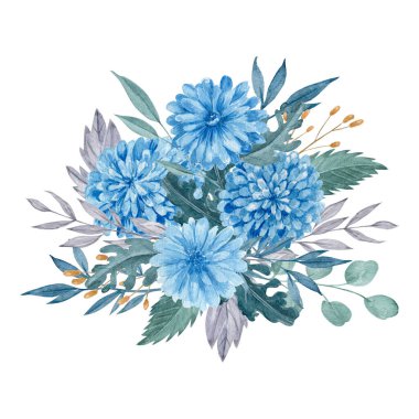 Mavi kasımpatı buketi suluboya çizimi. Yeşil yapraklı mavi çiçekler beyaz arkaplanda izole edilmiş.