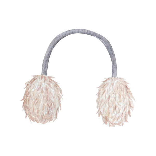 White winter headphones watercolor illustration.Fluffy headphones isolated on white background.