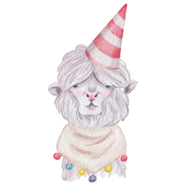 Party Llama Portrait Watercolor Illustration White Llama Wearing Birthday Cap — Stock Photo, Image