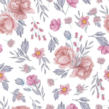 Güller ve tarla bitkileri pürüzsüz desen. Beyaz arkaplanda suluboya çiçekleri tekrarlanabilir desen.