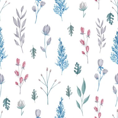 Tarla çiçekleri ve bitkiler pürüzsüz desen. Beyaz arkaplanda suluboya çiçekleri tekrarlanabilir desen.