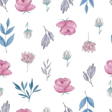 Tarla çiçekleri ve bitkiler pürüzsüz desen. Beyaz arkaplanda suluboya çiçekleri tekrarlanabilir desen.