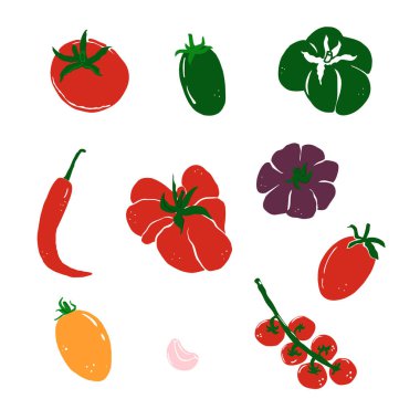 Domates ve biber seti. El çizimi moda vektör çizimi. İzole tasarım elementleri. Lezzetli yemek, sağlıklı ürün konsepti. Logo, etiket, yazdırma, simge şablonları.
