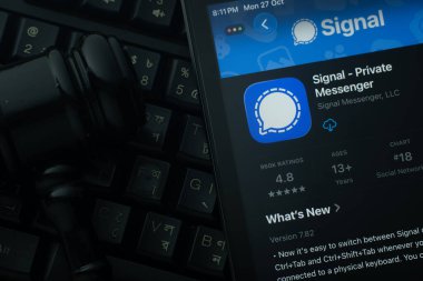 Dhaka, Bangladeş - 28 Ekim 2025: Hakimin tokmağına ve karanlık klavye geçmişine karşı Sinyal uygulamasını gösteren bir iPad.