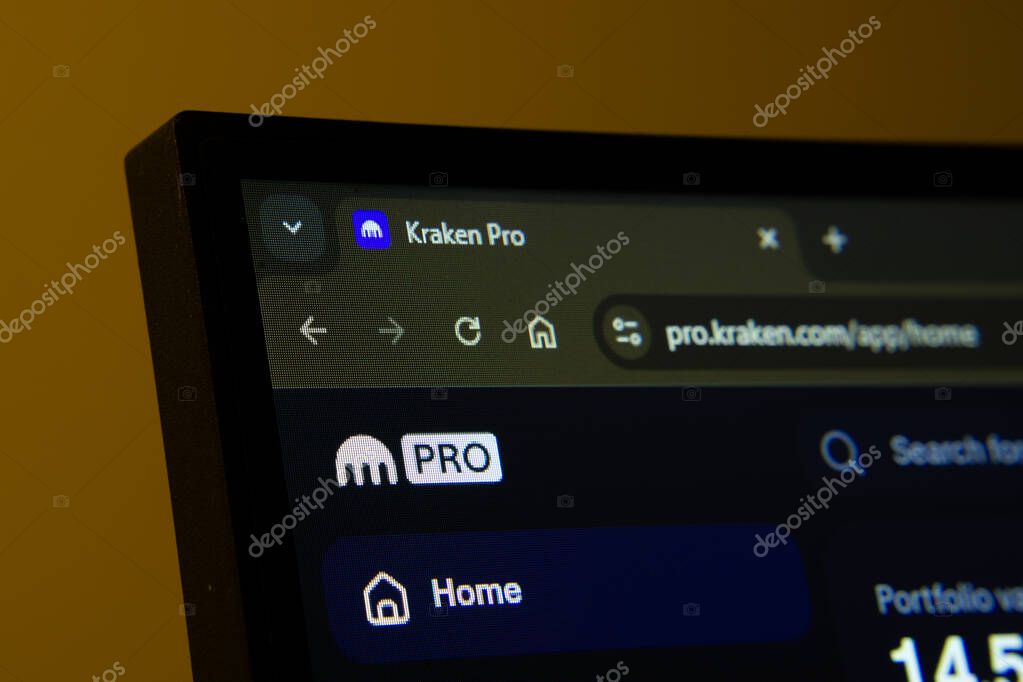 Dhaka, Bangladesh- 02 June 2025: Close-up of a computer screen displaying the Kraken Pro web interface in dark mode